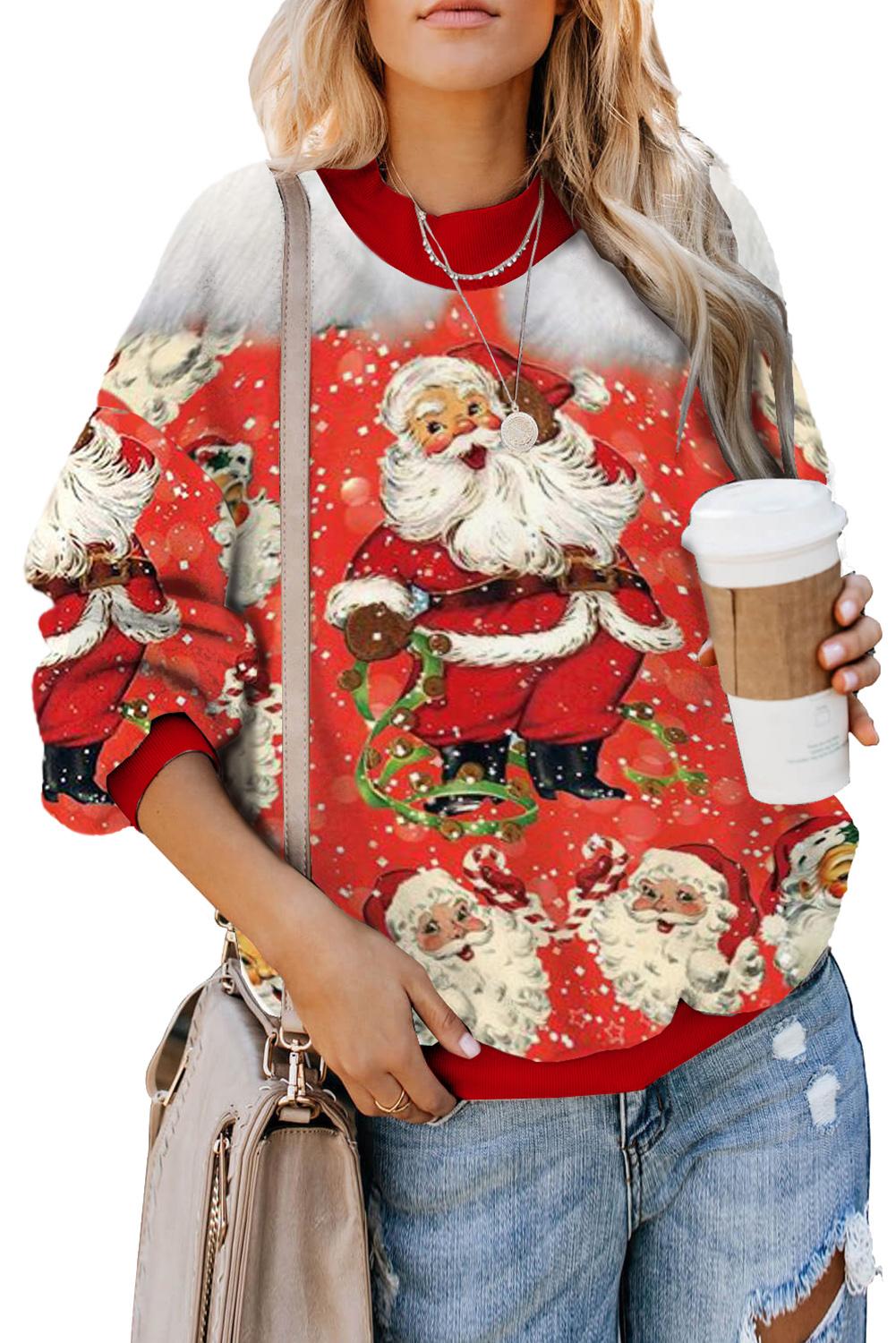 Red Merry Christmas Holiday Cartoon Print Sweatshirt