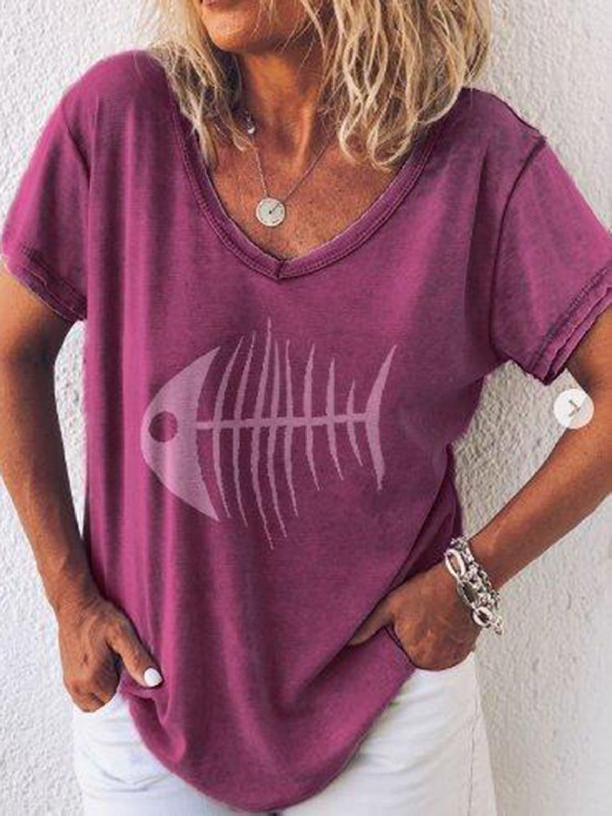 Round Neck Casual Cotton-Blend Shirts & Tops