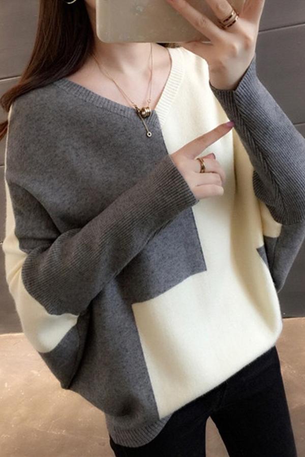 Fashion v-neck stitching color loose sweaters