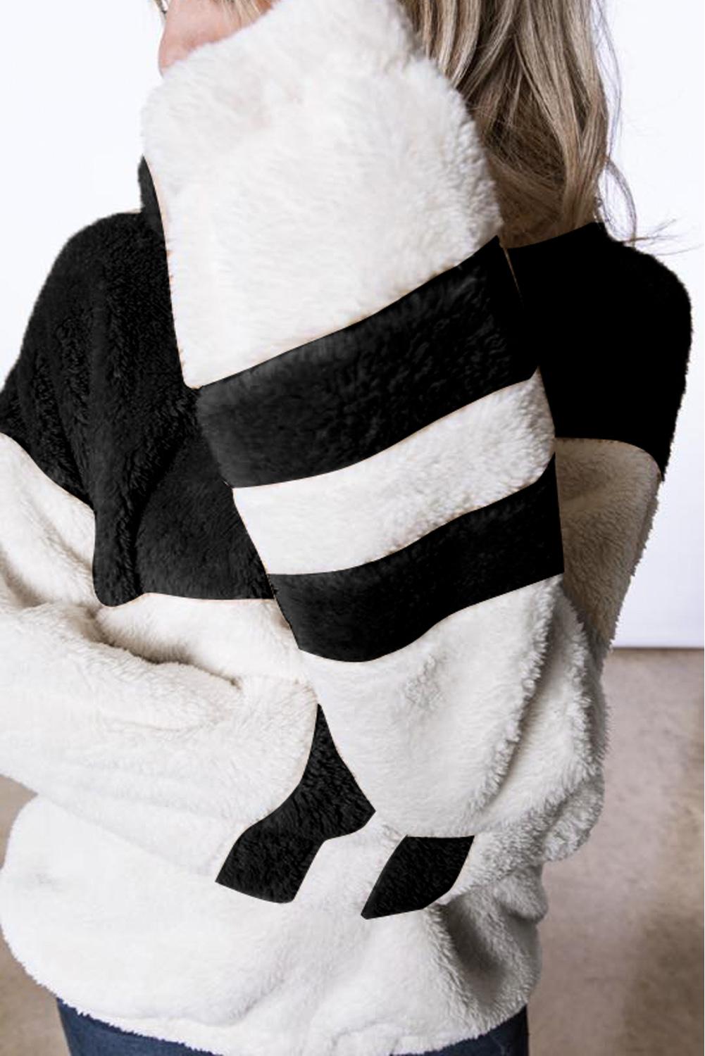 Black Colorblock Furry Zipped Pullover Sweatshirt Outwear