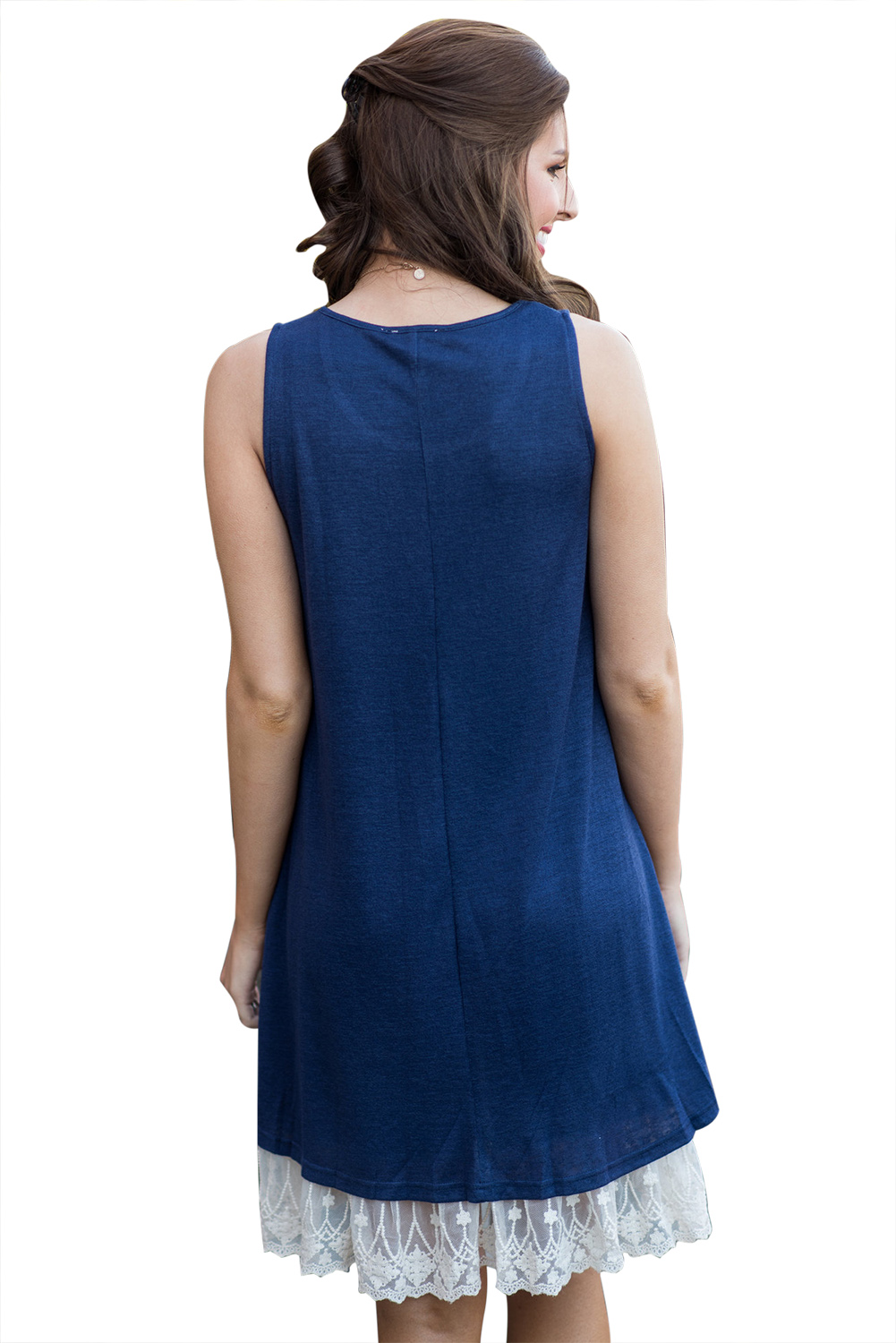 White Lace Hemline Splice Navy Mini Tank Dress