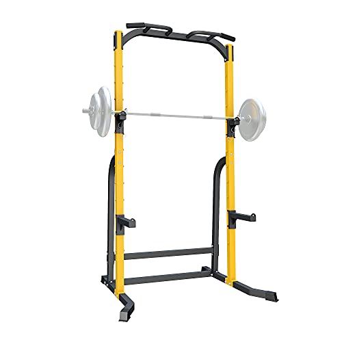 ZENOVA Power Rack Squat Rack Fitness Pull Up Bar Station Weightlifting Barbell Rack with J-Hooks, Dip Bar (Yellow)