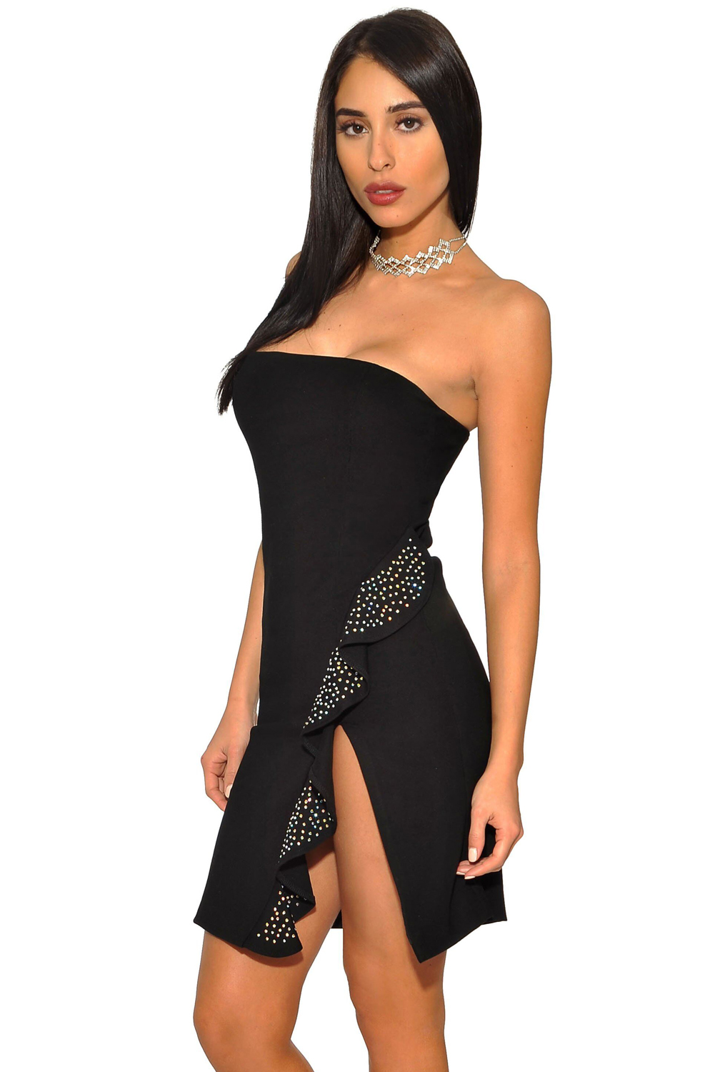 Black Strapless Ruffled Side Slit Party Bandage Dress