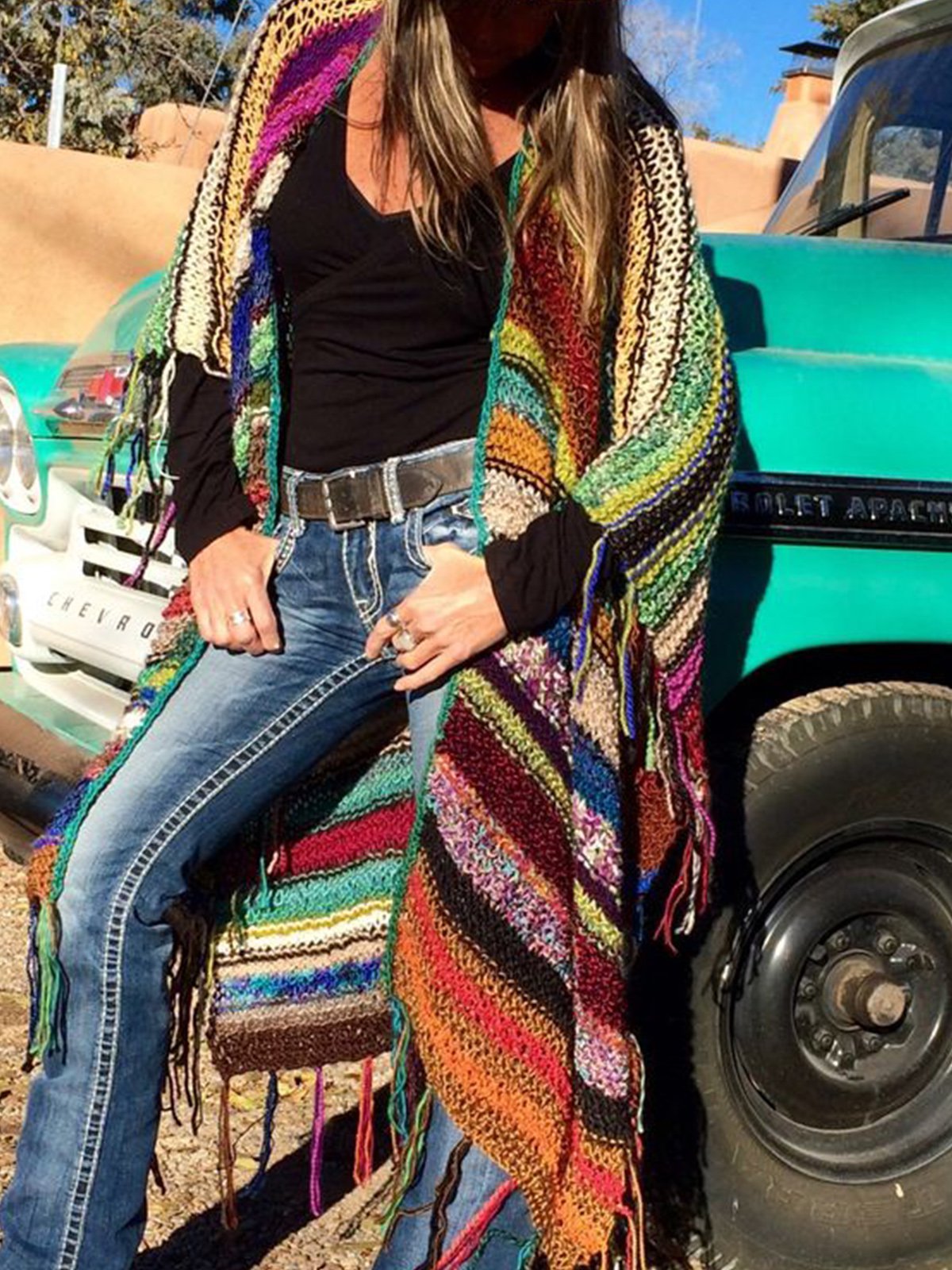 Color-block Long Sleeve Tassel Knitted Outerwear