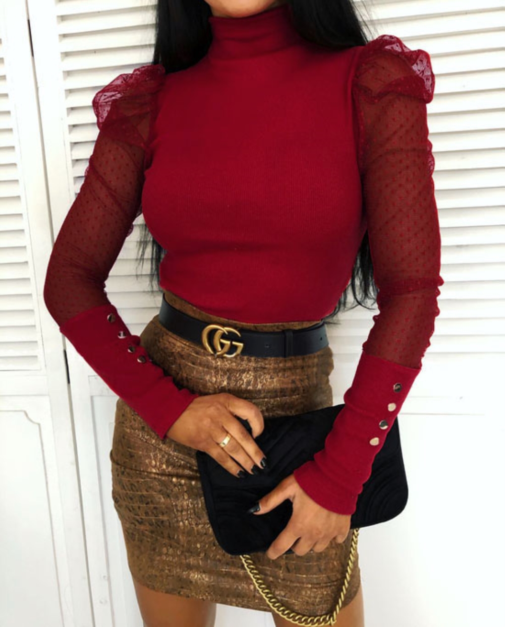 Red High Neck Basic Top with Polka Mesh Sleeves