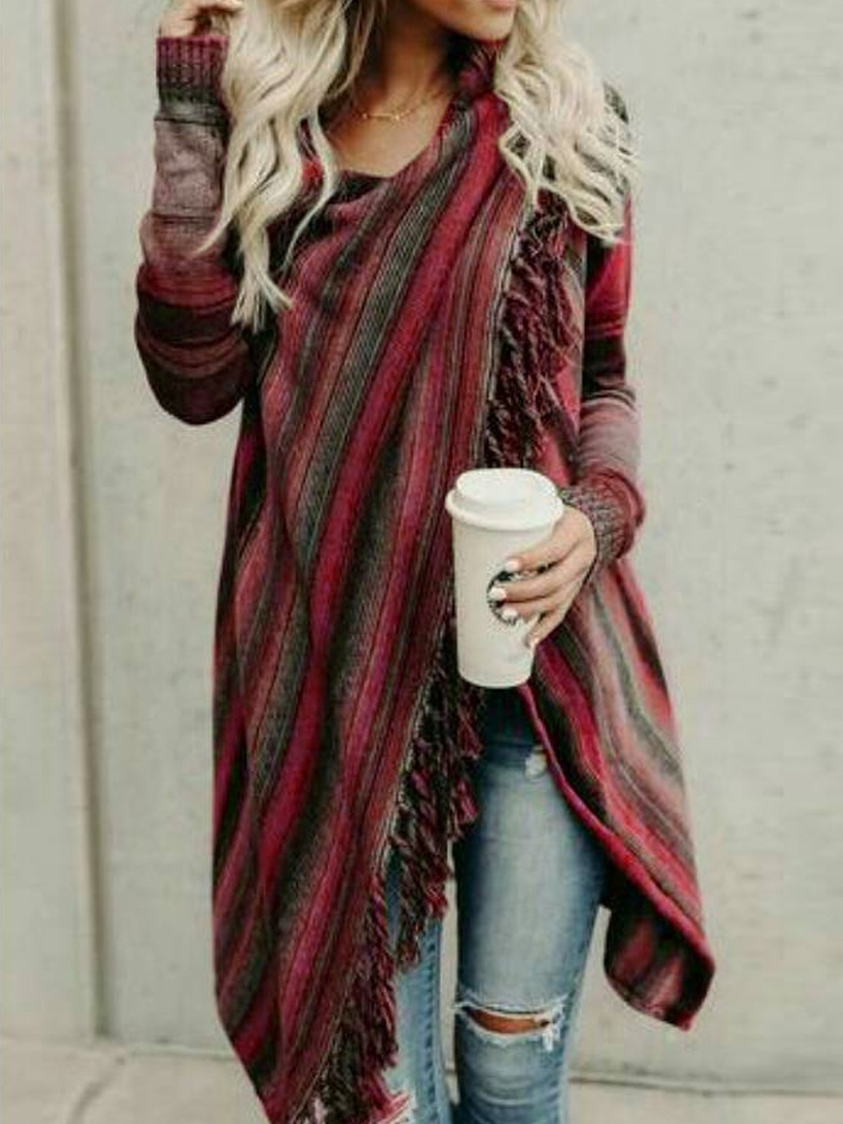 Asymmetrical Long Sleeve Stripes Casual Sweater