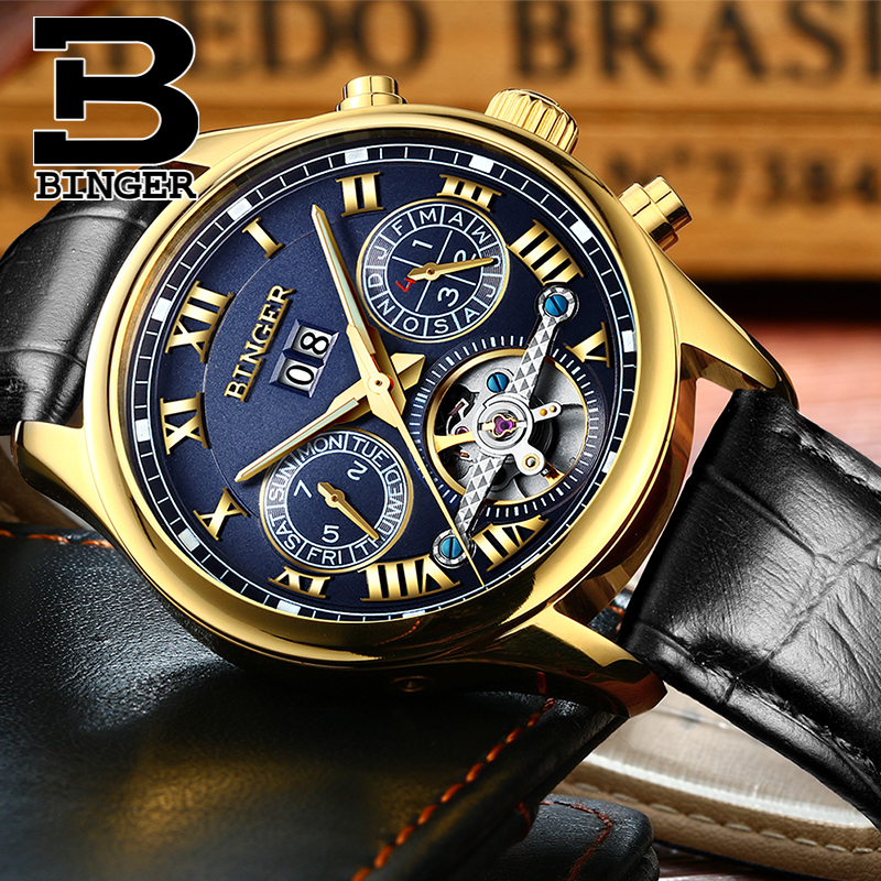 Switzerland Top Brand Watches 2016 New BINGER Clock Men Automatic Mechanical Watch Leather Strap Gold Wristwatches 3atm B-8602