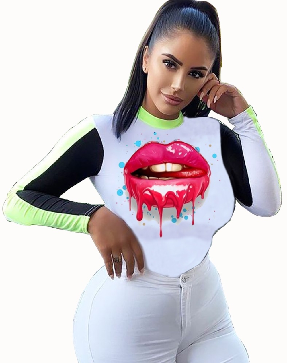 Autumn Lips Print Long Sleeve Basic Shirt