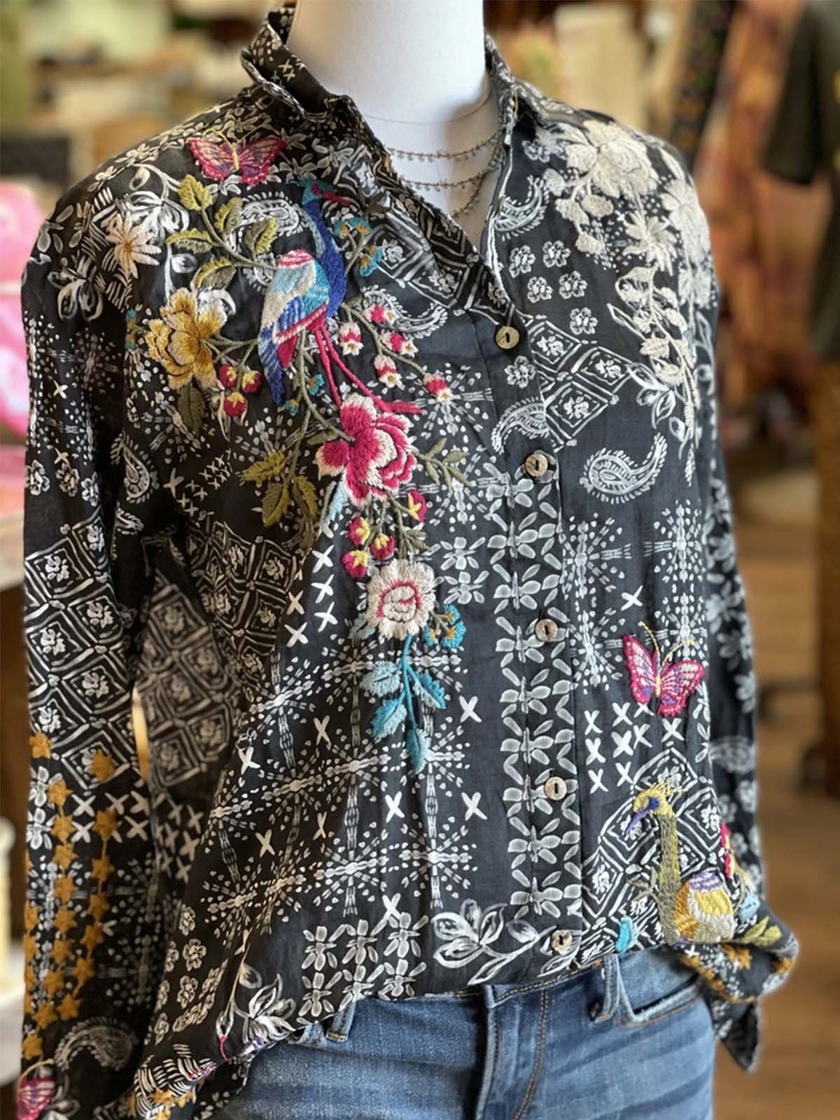 Vintage Shirt Collar Cotton-Blend Shift Shirts & Tops