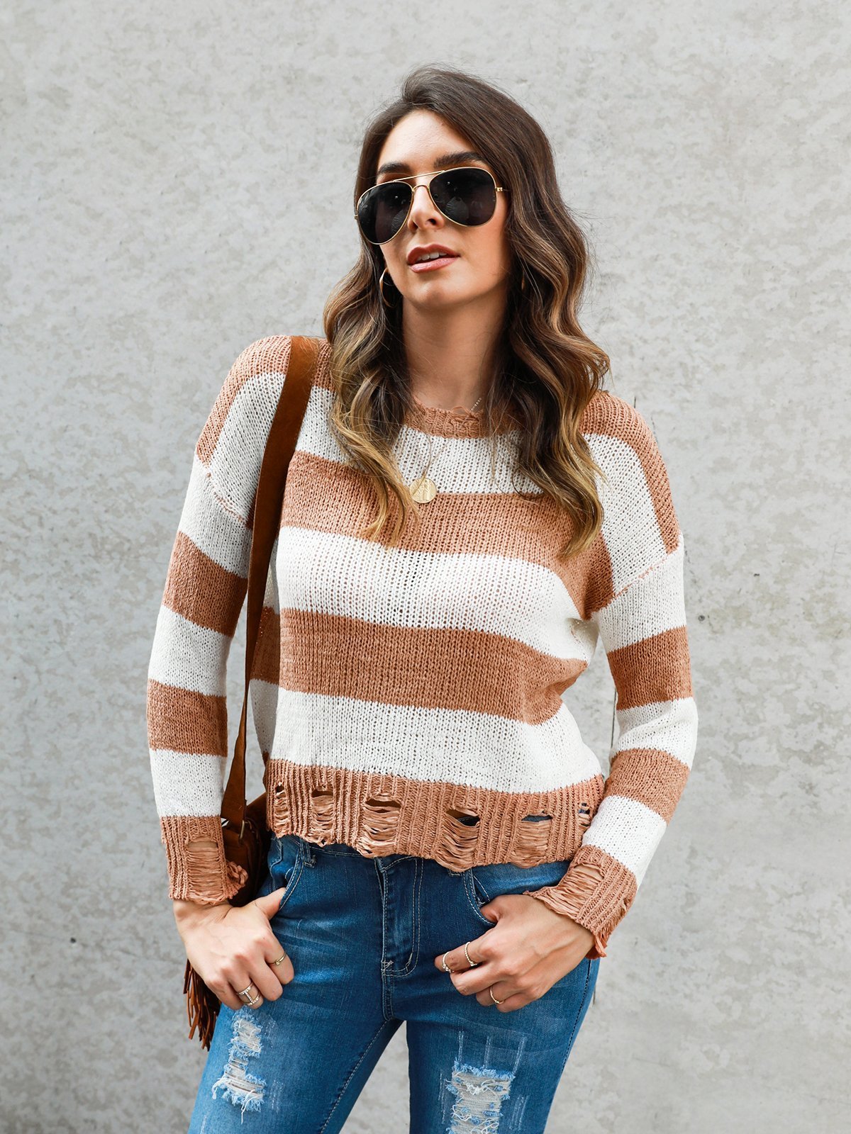Long Sleeve Stripes Knitted Shirts & Tops