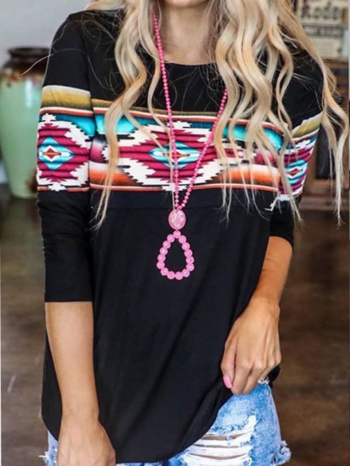 Crew Neck Casual Geometric 3/4 Sleeve Tops