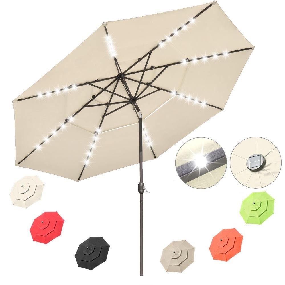 11 Foot Tilting Patio Umbrella with Light 3-Tiered
