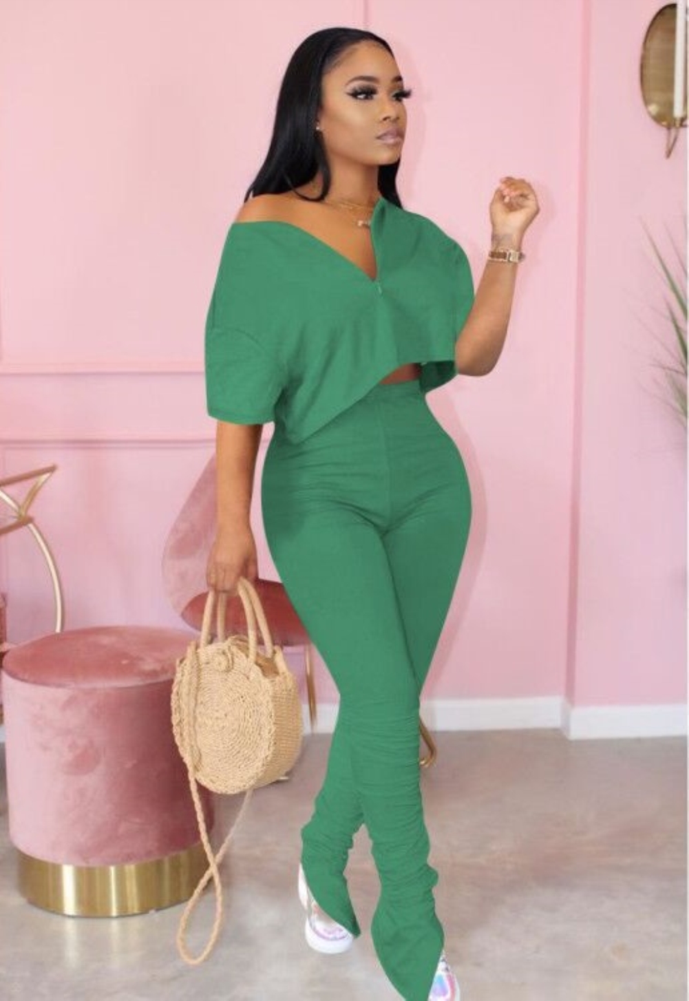 Summer Casual Two Piece Solid Color Stacked Pants Set