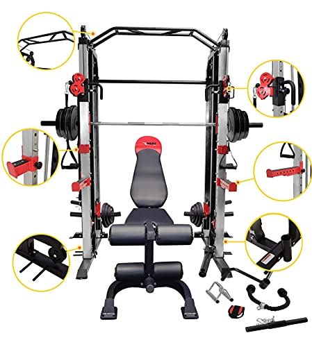 MiM USA Full Gym Set of Functional Trainer Smith Machine Power Cage & Adjustable Weight Bench W/Preacher Curl- Black & Silver