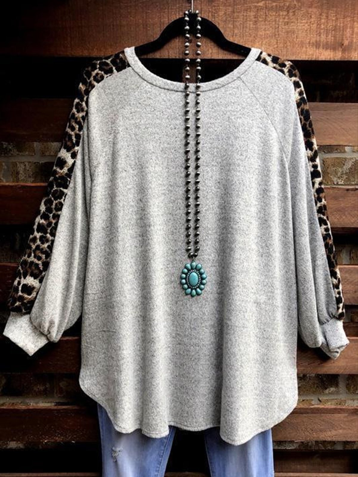 Leopard Stitch Casual Round Neck Tops T-shirt