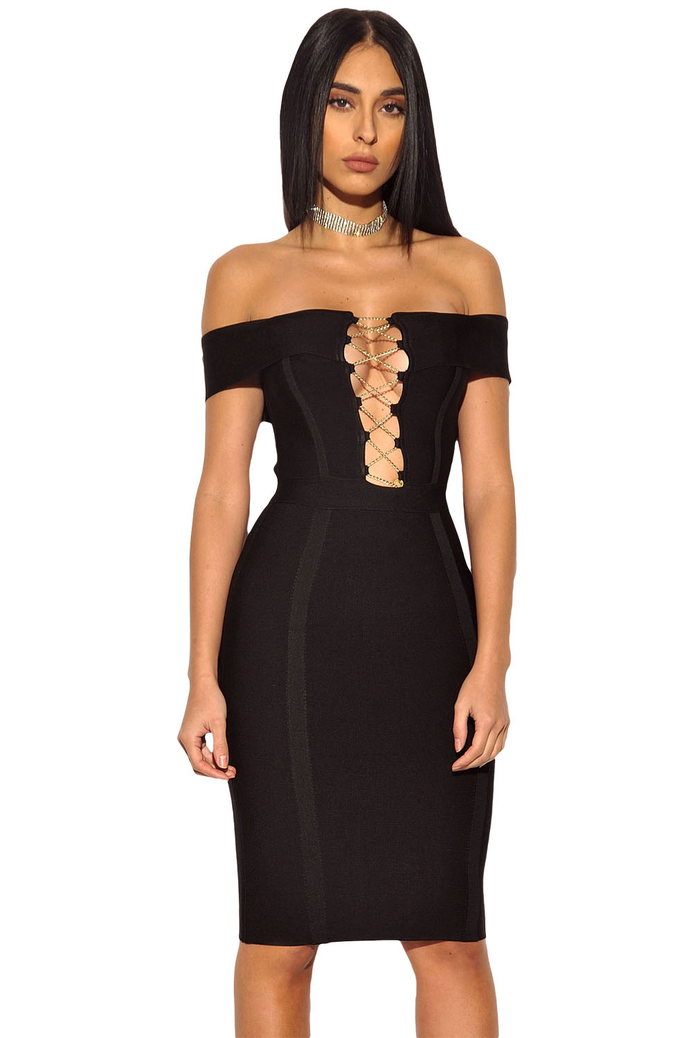 Gold Chain Crisscross Lace up Black Bandage Dress