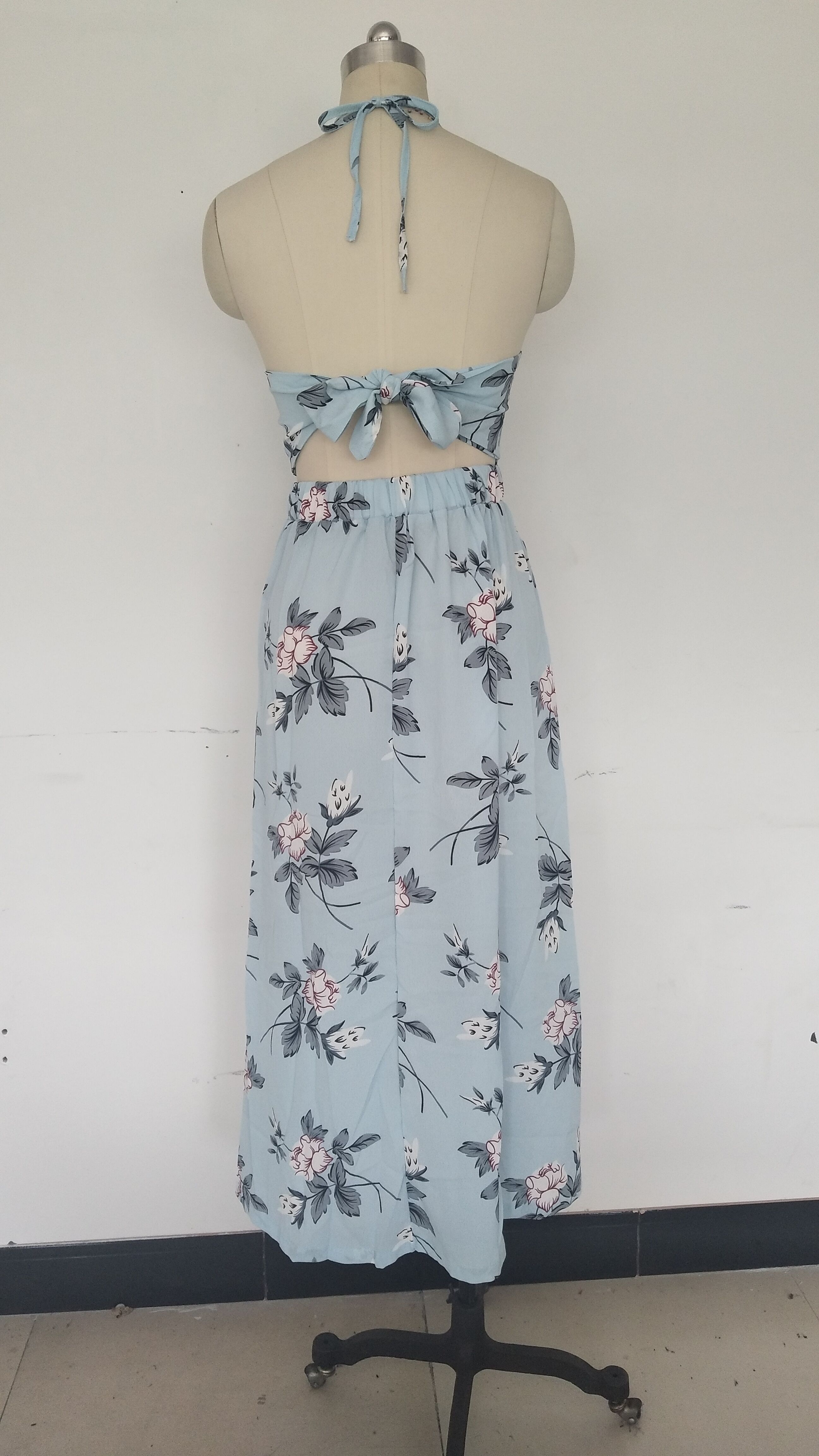 Low Back Halter Floral Long Dress with Cut Sides