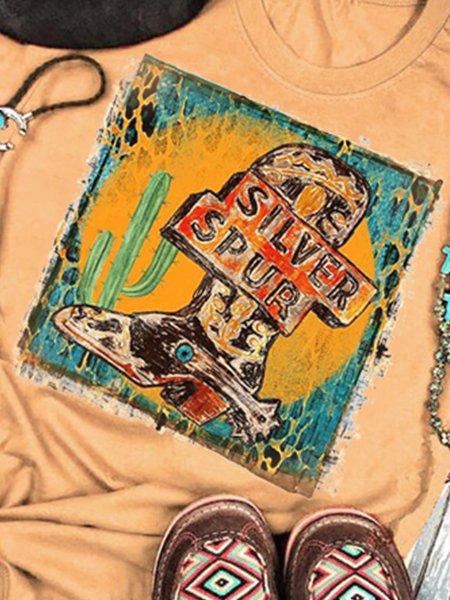 Light Orange Floral-Print Round Neck Short Sleeve Shirts & Tops