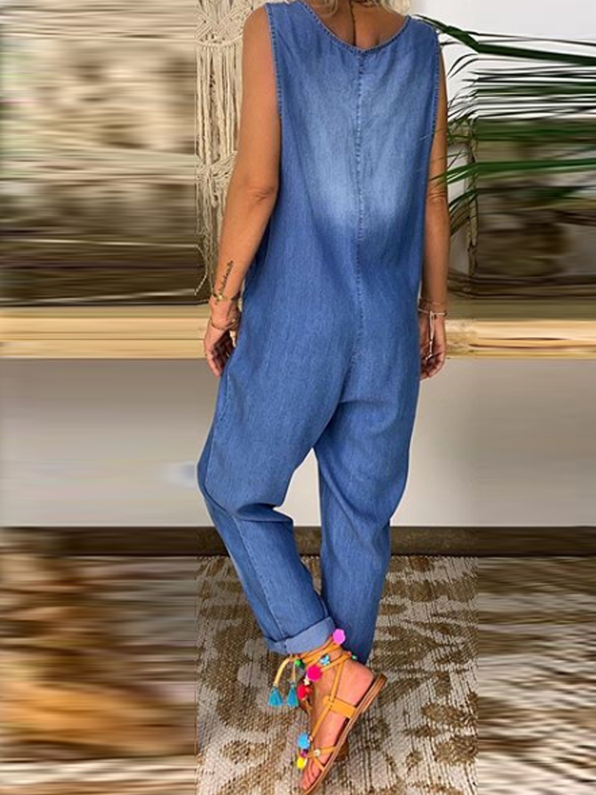 Light Blue Pockets Casual U-Neck One-Pieces