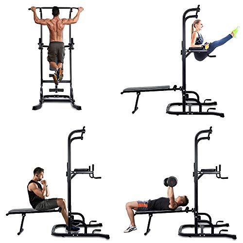 ONETWOFIT Multi-Function Power Tower with Sit Up Bench,Adjustable Height Pull Up Tower Heavy Duty Dip Station Fitness Equipment – Black