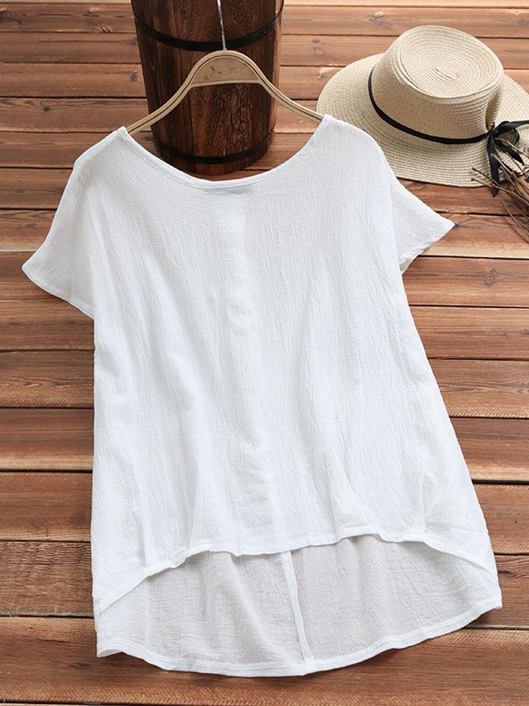 Solid Round Neck Cotton Casual Casual Tops