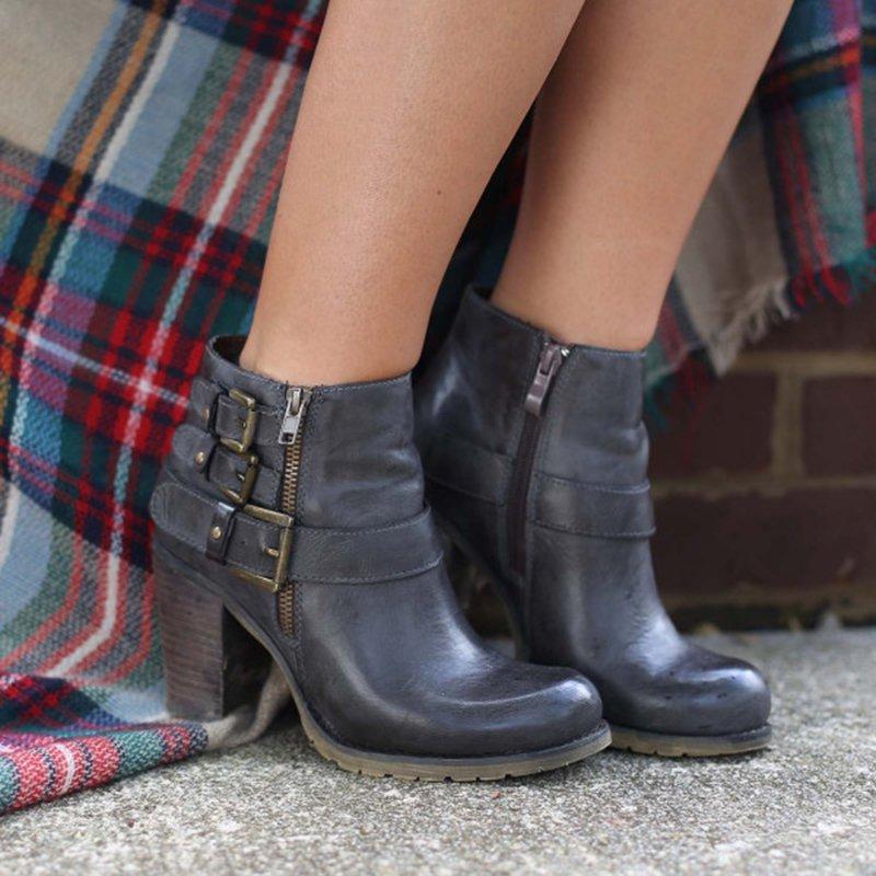 Artificial Leather Adjustable Buckle Chunky Heel All Season Boots