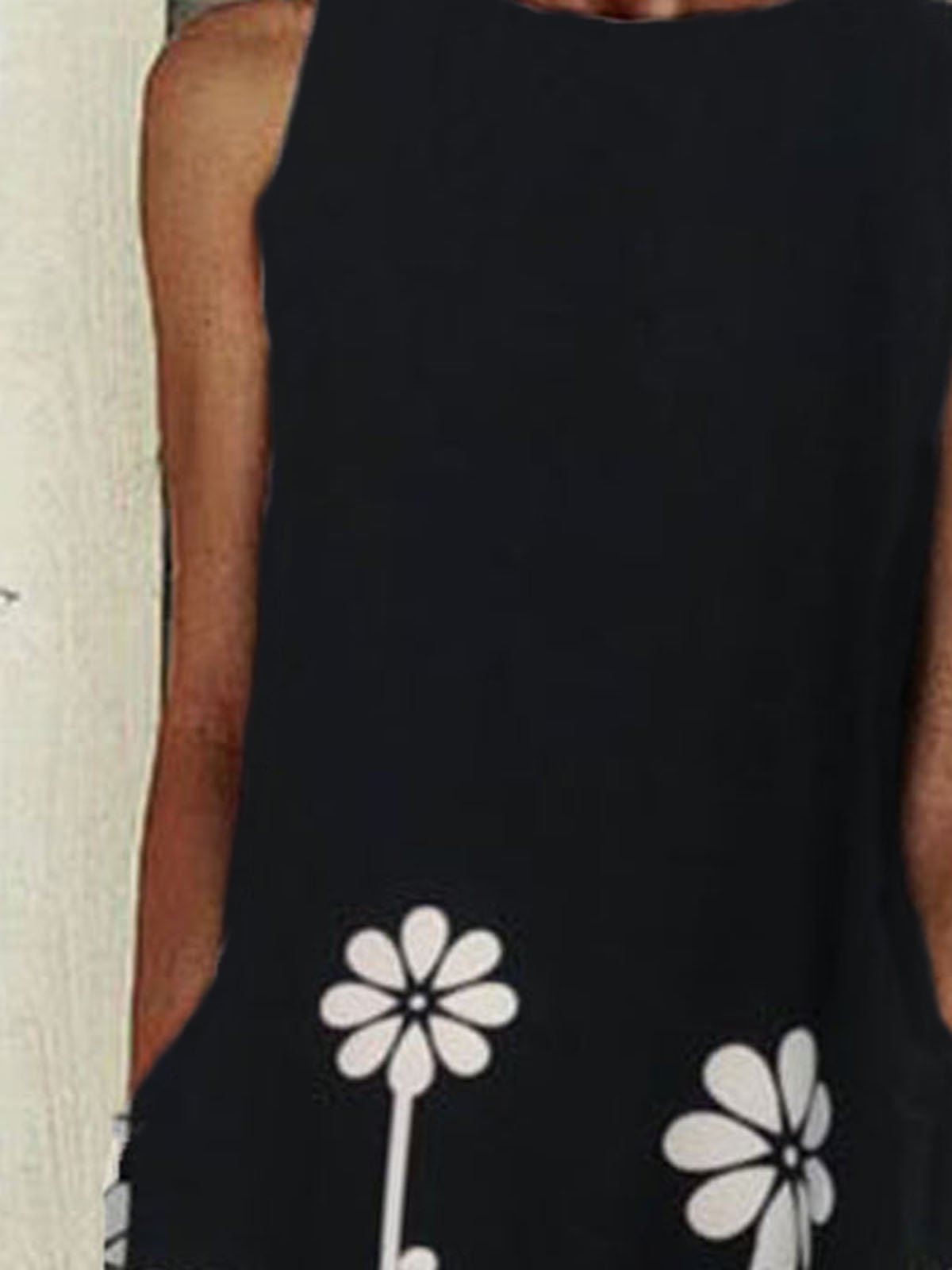 Black Sleeveless Crew Neck Cotton-Blend Dresses