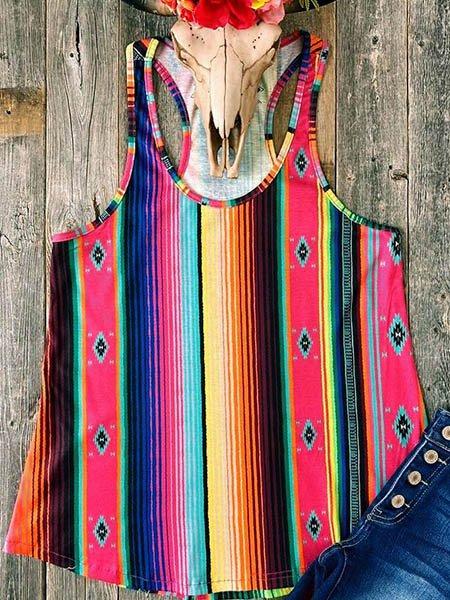 Red Round Neck Stripes Sleeveless Cotton Vests