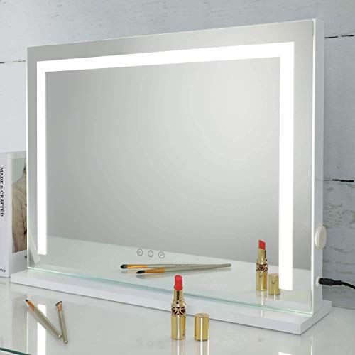 SHOWTIMEZ Vanity Mirror with Lights, Tabletop Wall-Mounted Makeup Mirror with Dimmable 3 Modes LED Backlit Light Strip,Touch Screen Control Cosmetic Mirror with USB Outlet, 22.8′′ W x 17.5′′ H