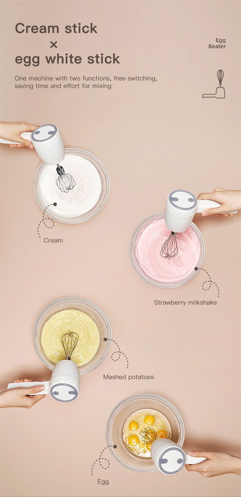 Electric Whisk USB Egg Beater Automatic Whip Whisk Cream Cake Mixer