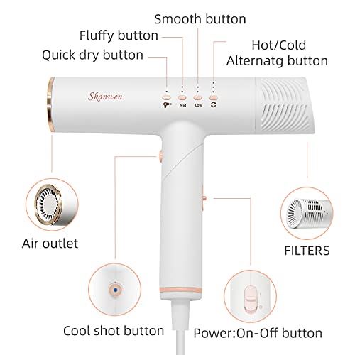 Foldable Hair Blow Dryers with 4 Settings, 3 Speed, 3 Temperatures,2 Nozzles