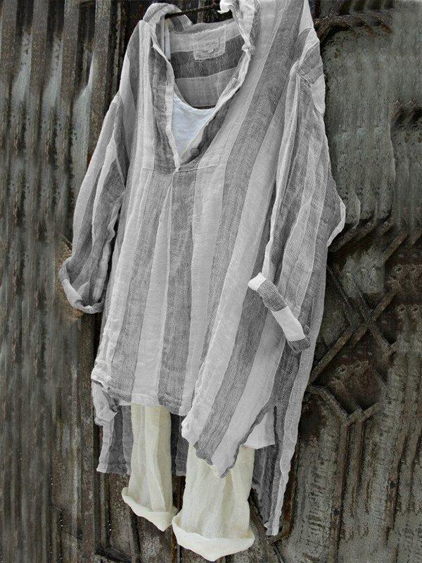 Casual V-Neck 3/4 Sleeve Striped Plus Size Bat Sleeve Tops