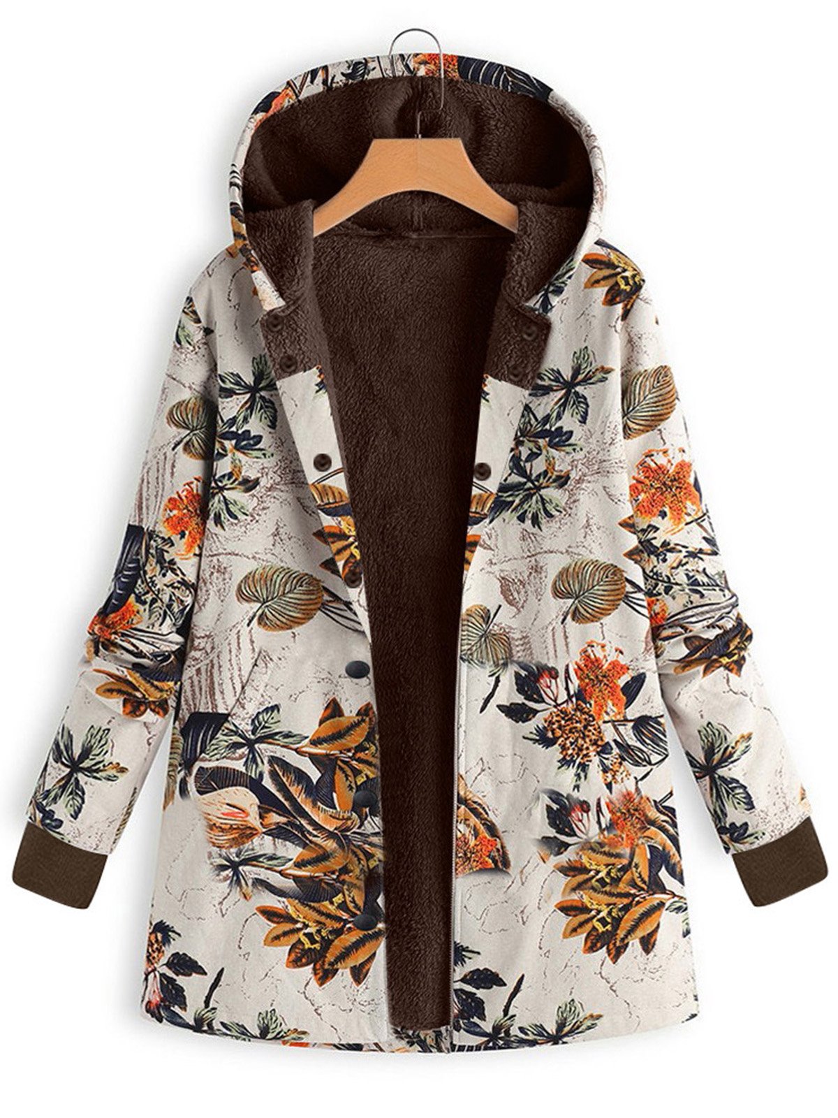 Leaves Printed Hoodie Long Sleeve Coat