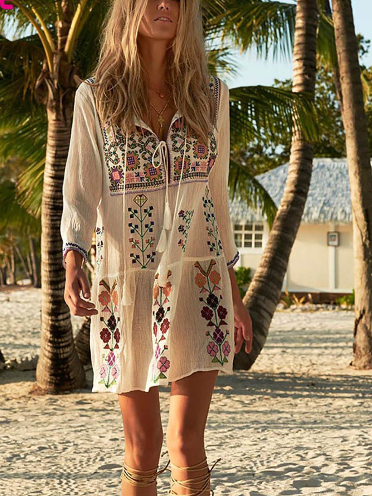 White Floral Floral-Print Boho Dresses