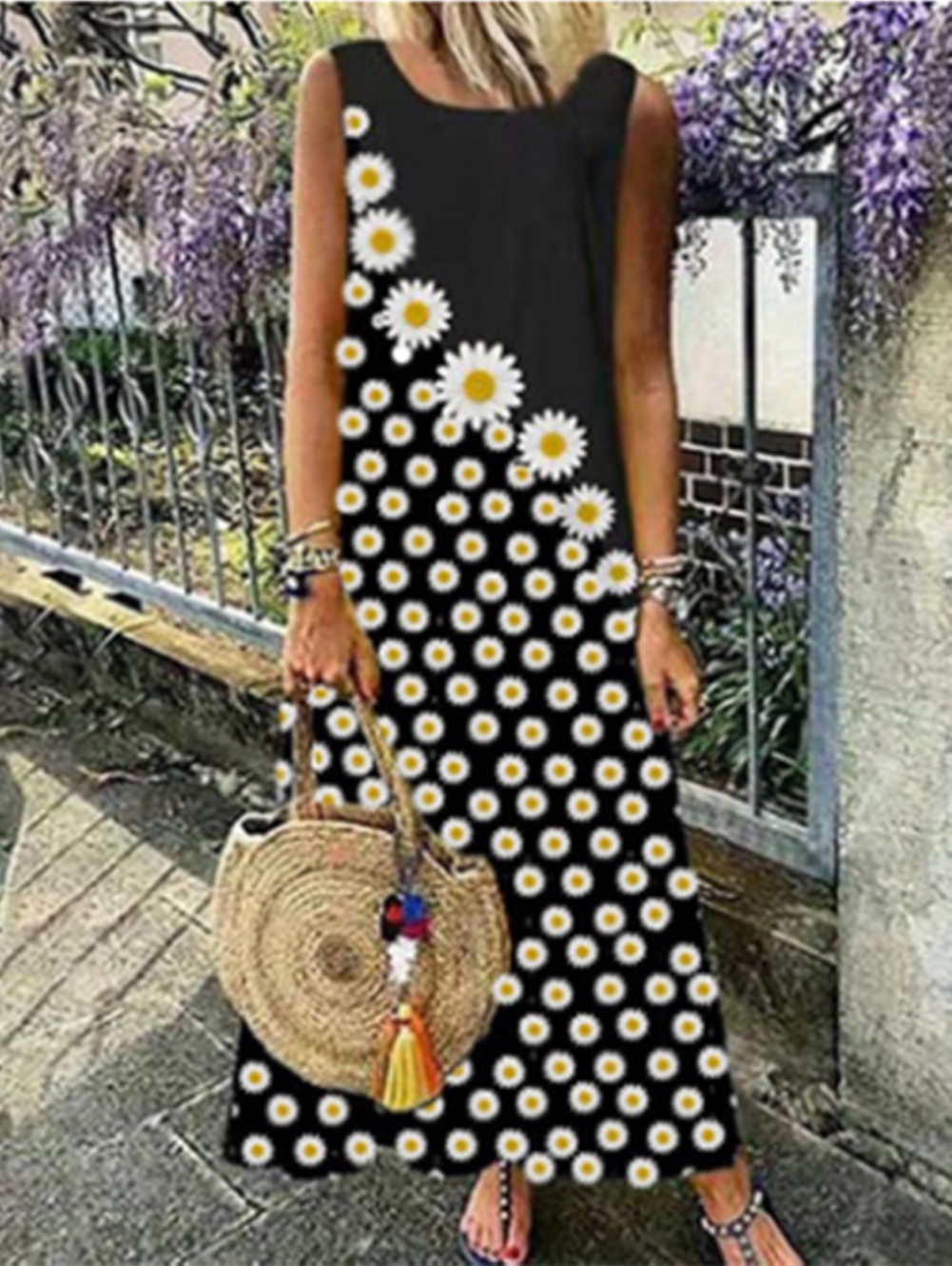 Flower Print Sleeveless Long Boho Dress