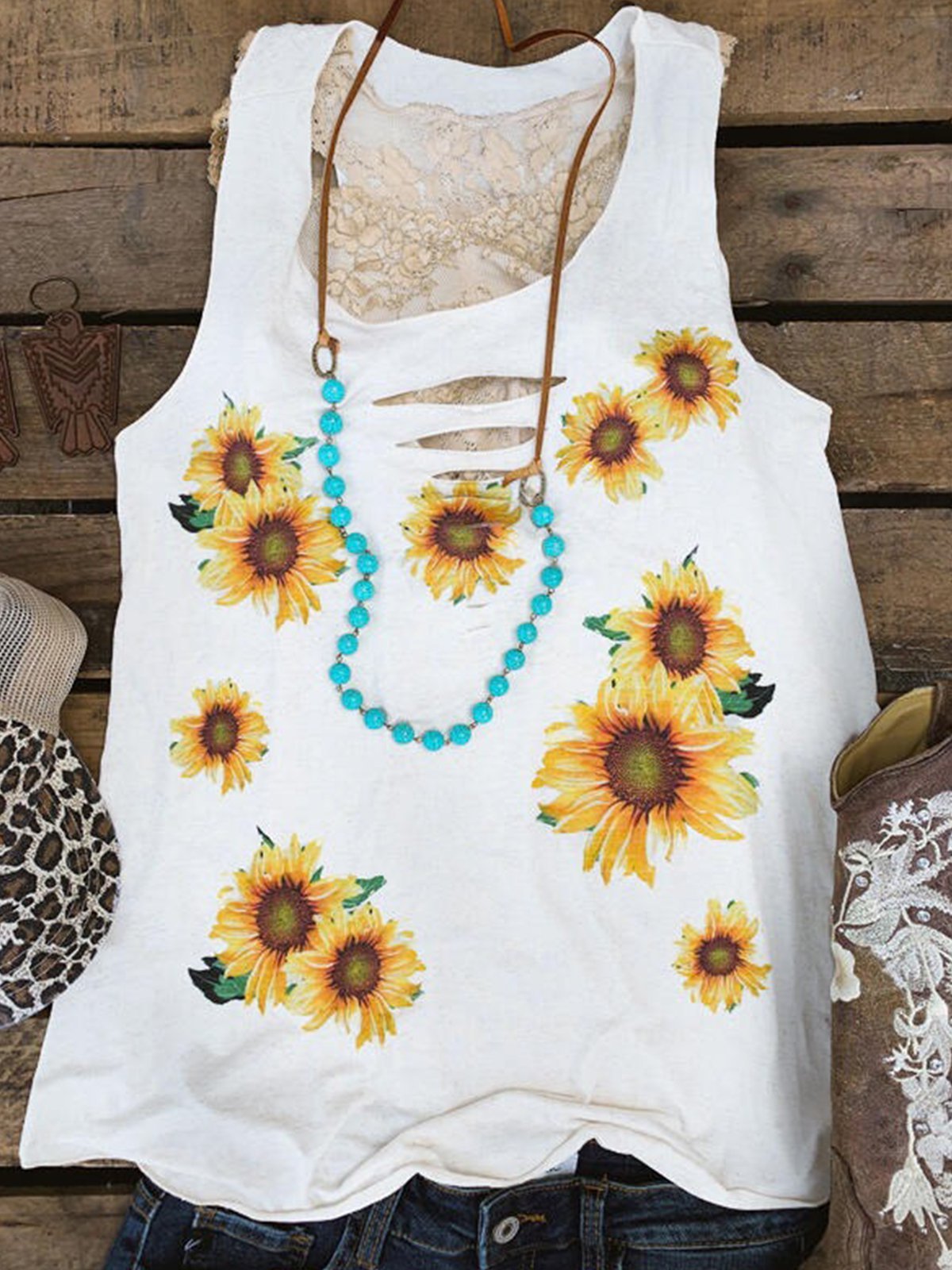 Plus Size Casual Crew Neck Sleeveless Floral Shirts & Tops