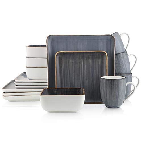 Stone Lain Porcelain 16 Piece Dinnerware Set, Square Gray