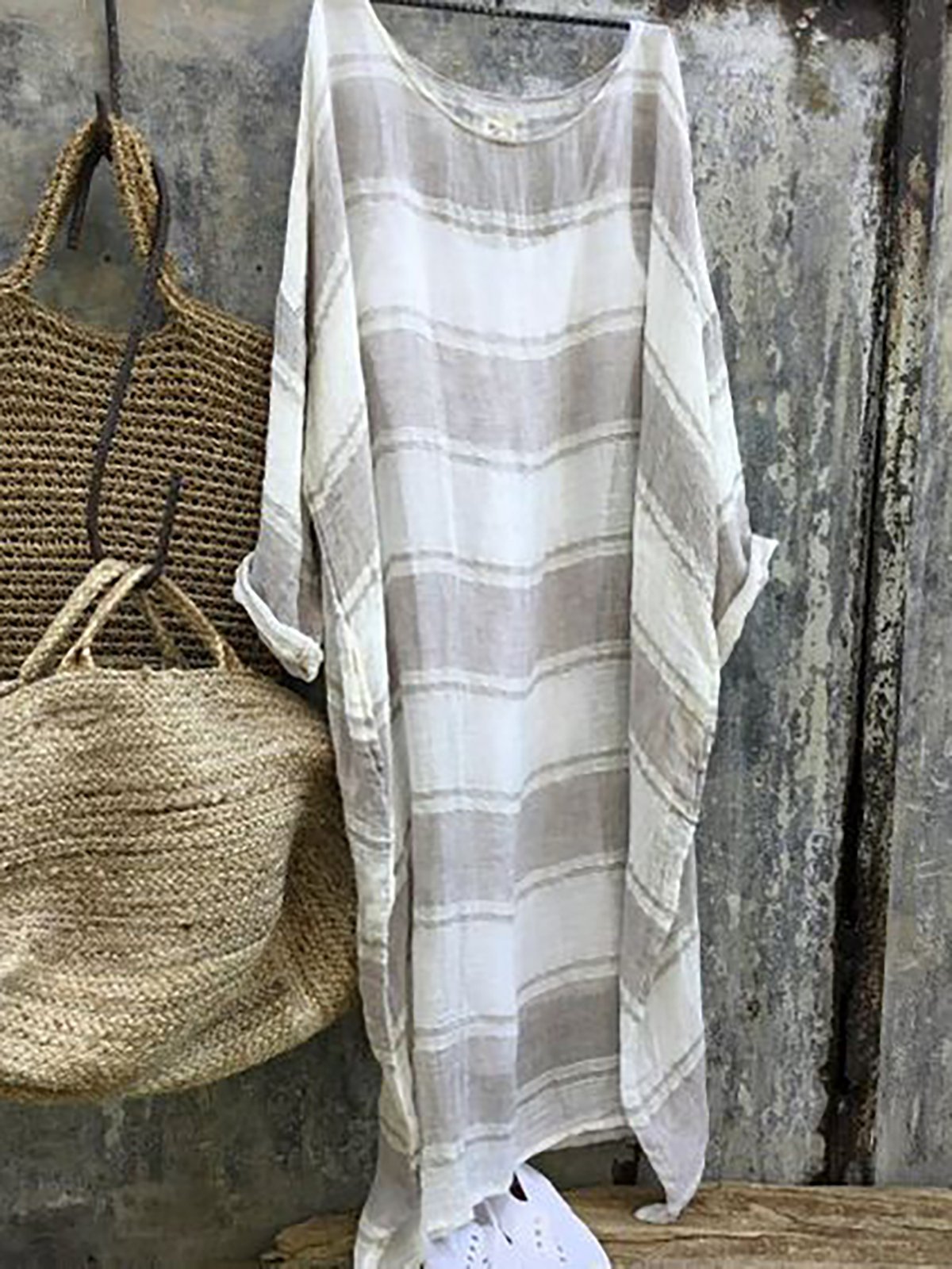 Long Sleeve Linen Dress Soft Stripe Maxi Dress