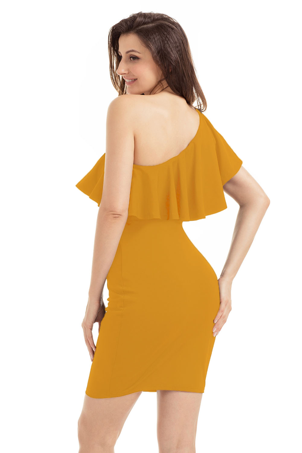 Yellow One Shoulder Party Cocktail Mini Dress