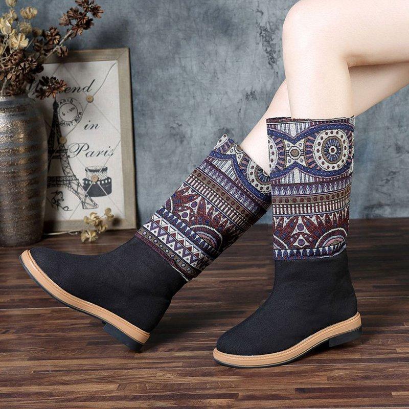 Women Bohemian Cloth Mid Calf Flat Vintage Boots