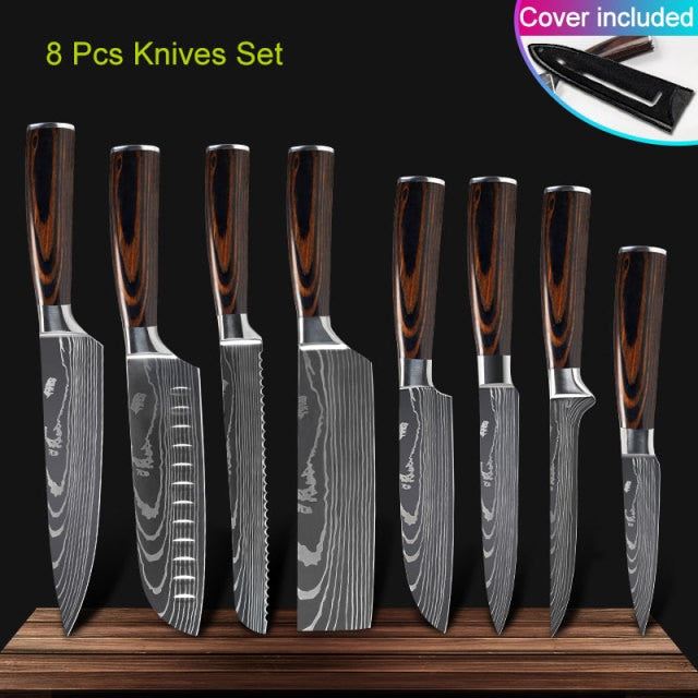 Kitchen knives Set Professional Chef Knives Stainless Steel Imitation Damascus Pattern Santoku Cleaver Slicing Utility Knives