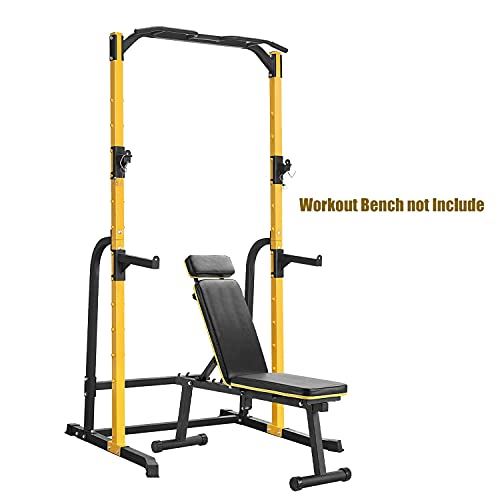 ZENOVA Power Rack Squat Rack Fitness Pull Up Bar Station Weightlifting Barbell Rack with J-Hooks, Dip Bar (Yellow)