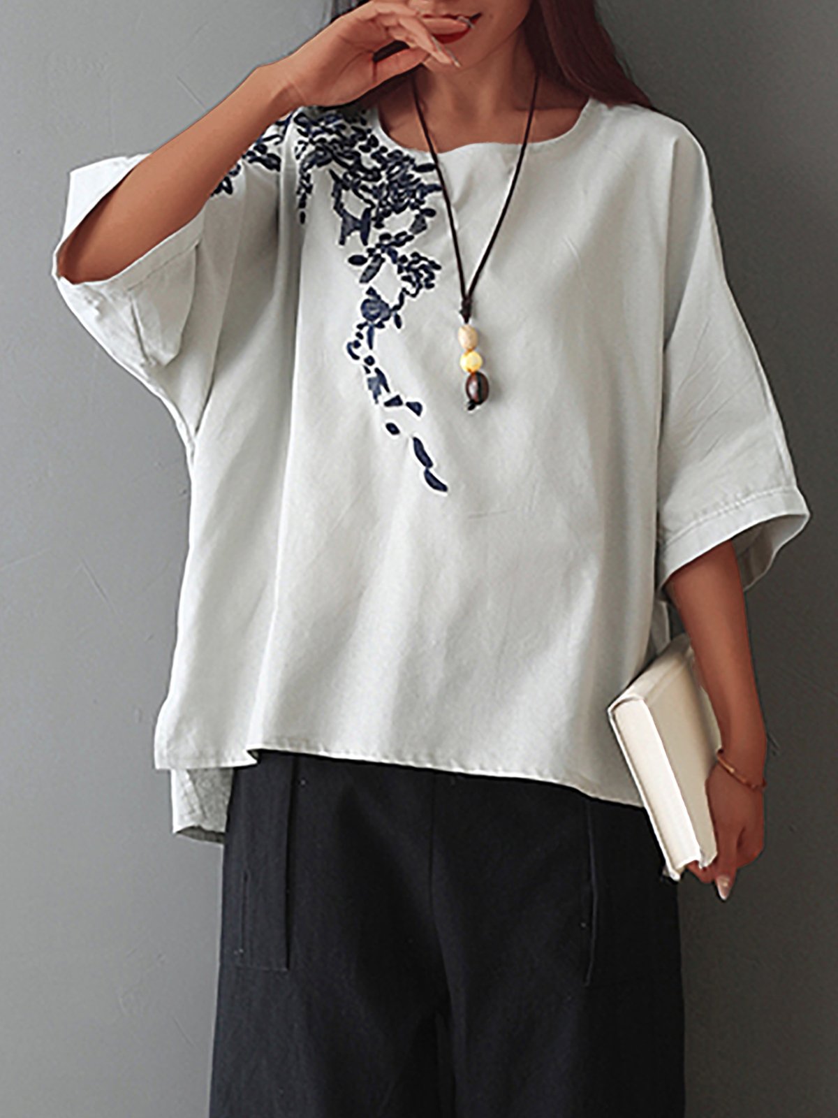 Plus Size Embroidered Round Neck Short Sleeve  Blouse
