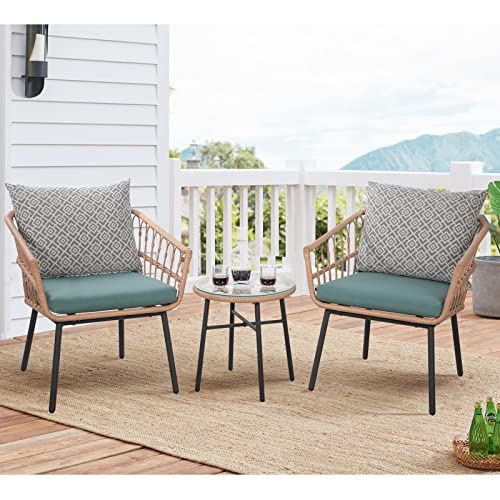 OC Orange-Casual 3-Piece Patio Bistro Set, Outdoor Furniture All-Weather Wicker Conversation Set, 2 Rattan Armchairs with Round Glass Coffee Table, for Porch, Backyard, Balcony