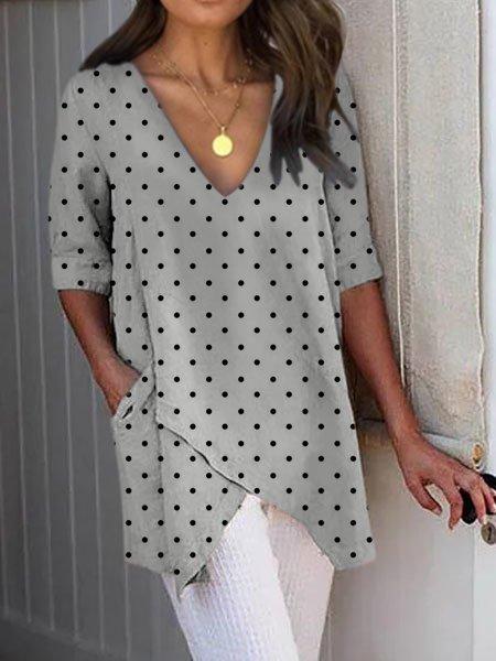 Polka Dots Casual Pockets Asymmetrical Shirts & Tops