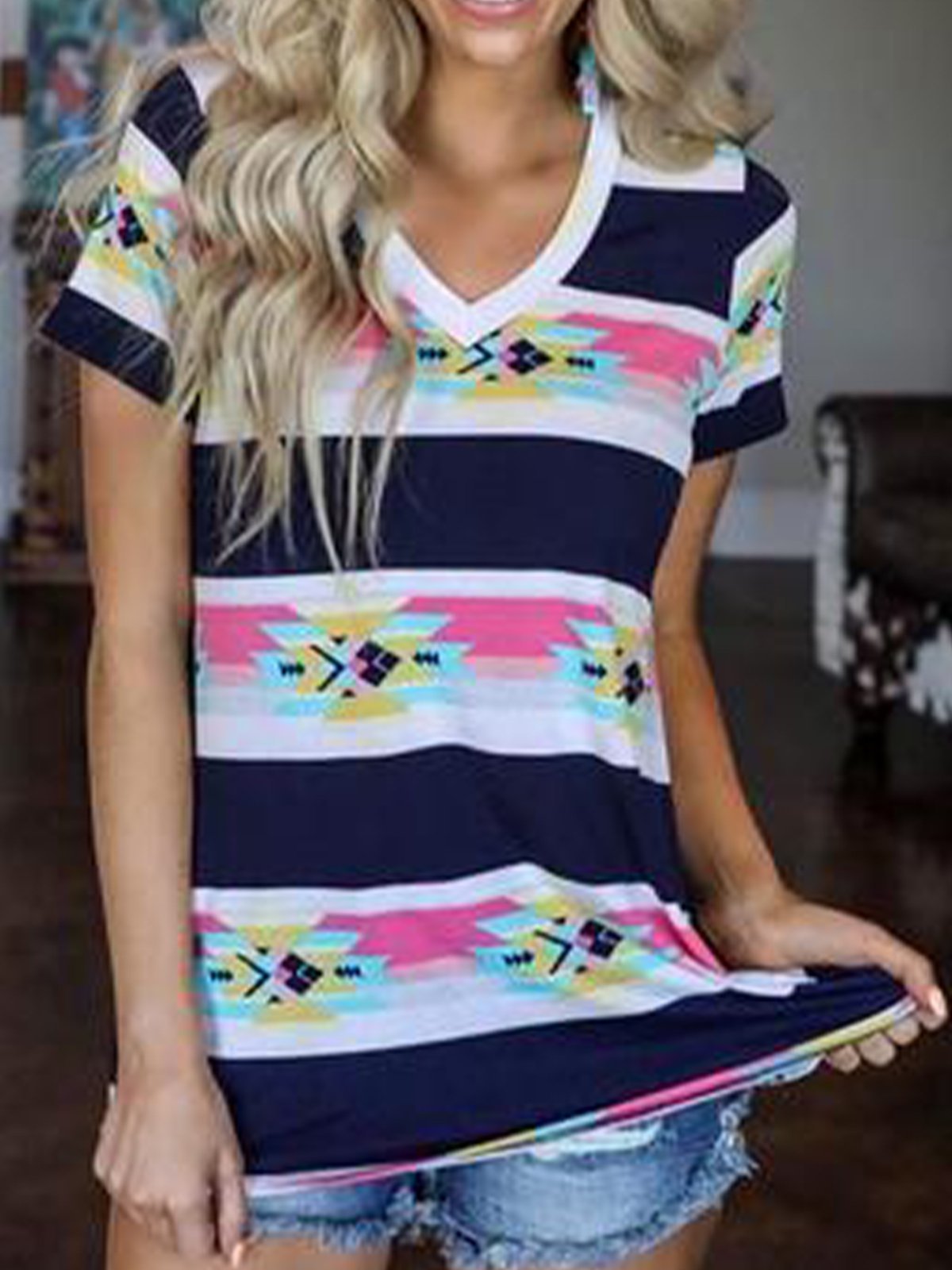 Deep Blue Shift Jersey V Neck Casual Shirts & Tops