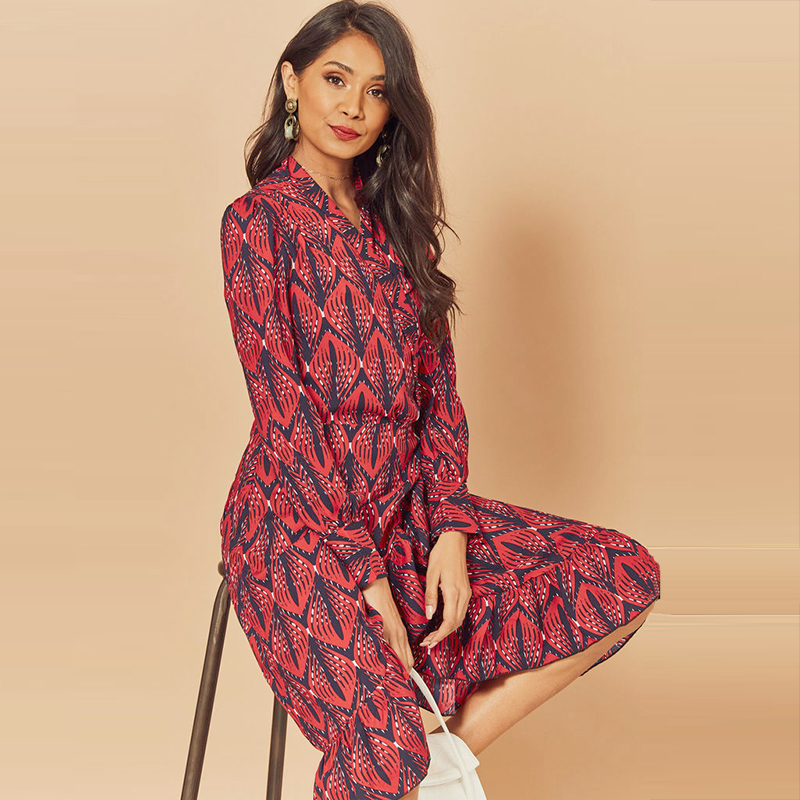 2020 New Women Print Ruffle Dress Spring Autumn Lantern Long Sleeve V Neck Midi Dresses Causal Sashes Ladies Irregular Hem Dress