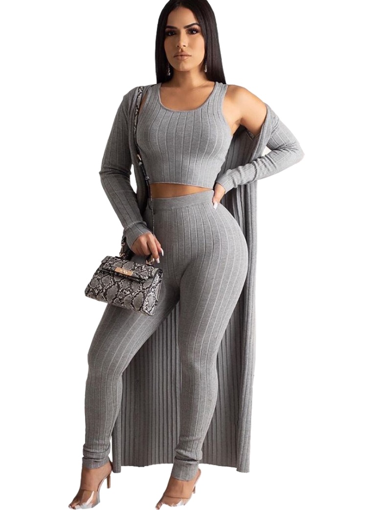 Solid Color Three Piece Knitted Pants Set