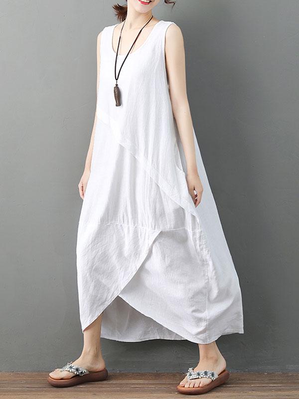 Sleeveless Asymmetrical Solid Color Linen Dress