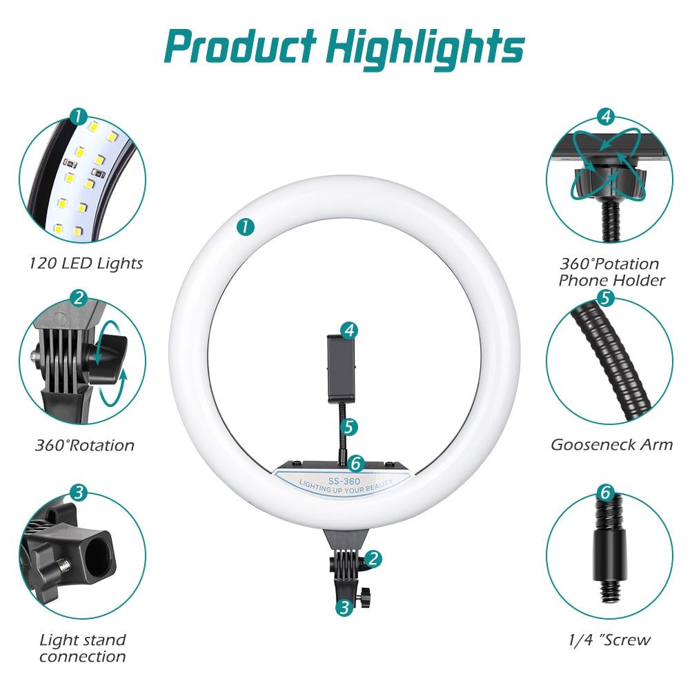 14Inch REB Ring Light With Tripod Stand Bluetooth Selfie LED Lamp Dimmable Photography